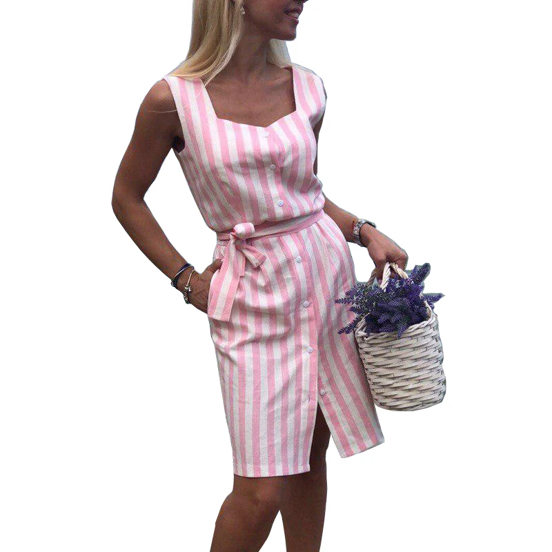

2019 New Summer Sexy Stripe Short Sleeve belt Straight shirt dress Fashion Women Square collar Knee-Length Slim Party dresses