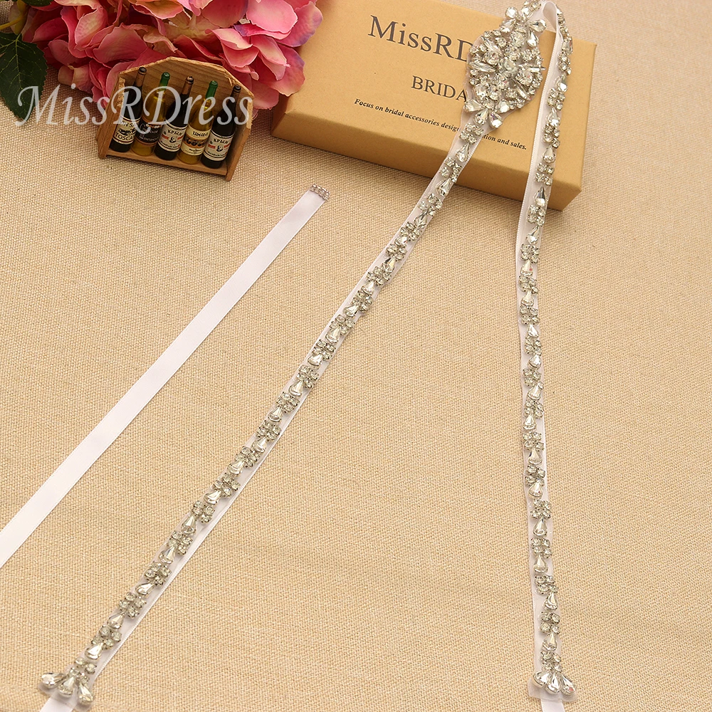 

MissRDress Silver Crystal Wedding Belt 35.5inch Long Bridal Belt Thin Rhinestones Belt Sash For Bridal Wedding Dress JK895