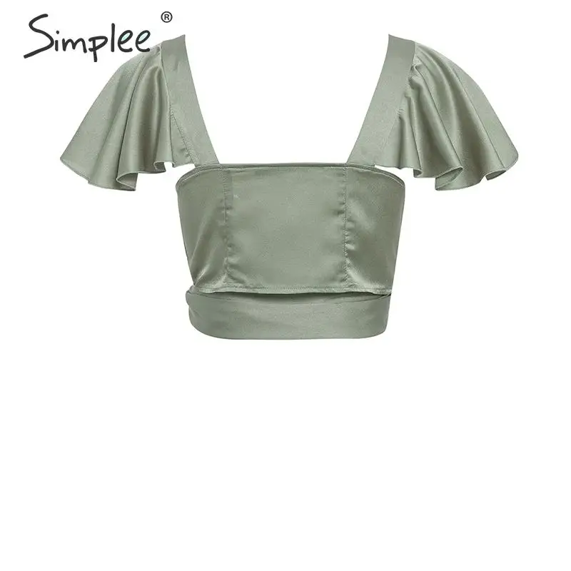 Simplee атласная зеленая женская летняя укороченная блузка Топ с оборками и бандажами для женщин
