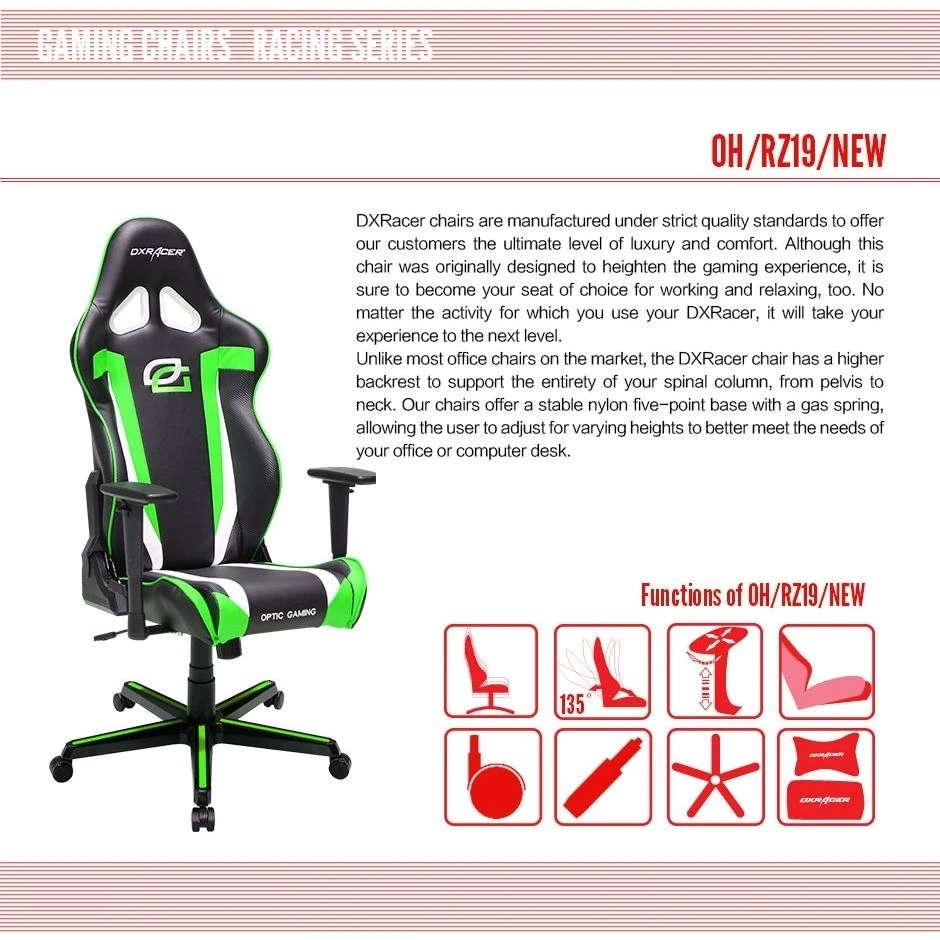 DXRacer OH/RZ19/NEW High-Back Racing Seat Gaming Chair Carbon Look Vinyl+PU(Black/White/Green))