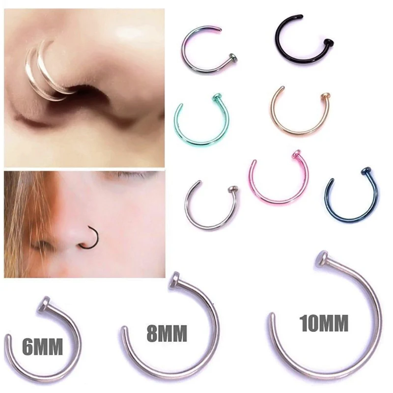 Hot 2PCs Fake Clip On 6 10 mm Surgical Steel Open Nose Ring Thin Small Hoop Nose Piercing Studs Ring For Women Girls