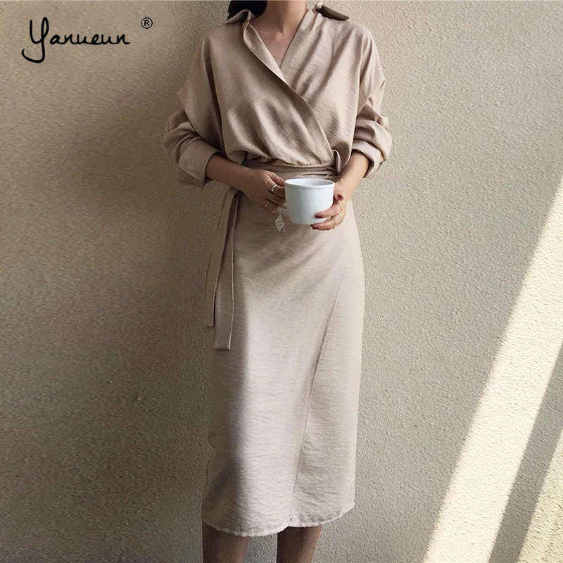 Yanueun женское элегантное свободное платье Normcore с длинным рукавом и поясом Женская