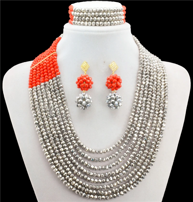 

Silver Red African Wedding Jewelry Set,African Crystal Beads Necklace Set ,Nigerian Beads Jewelry Set,African Beads Necklace