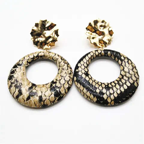 Round Gold Color Trendy Snake Leather Leopard  Geometric Statement Earring Women Girl Hanging Fashion Jewelry Drop Earrings