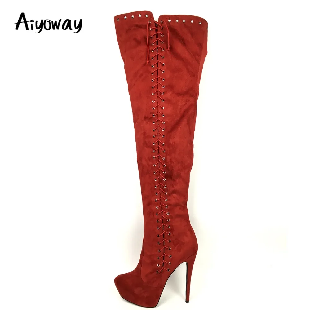 Aiyoway Sexy Women Ladies Round Toe Platform High Heel Over Knee Boots Side Zip Lace Up Winter Party Dress Long Boots Wine Red Aiyoway Sexy Women Ladies Round Toe Platform High Heel Over Knee Boots Side Zip Lace Up Winter Party Dress Long Boots Wine Red