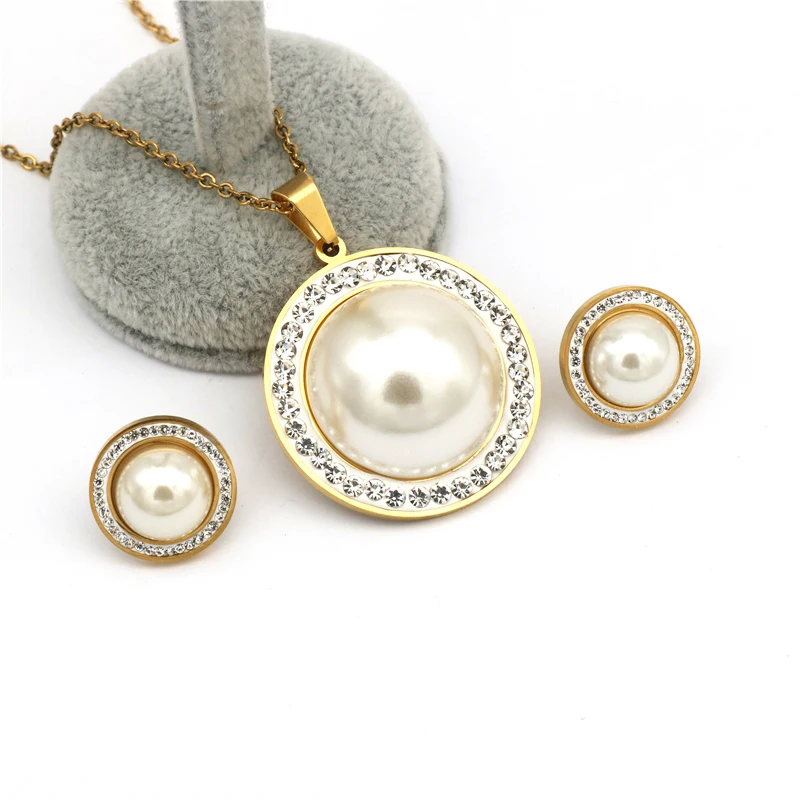 

Gold color Celebrity Style Crystal pearl Necklace Earrings Set Bridal Bridesmaid Wedding Stainless Steel Jewelry Sets