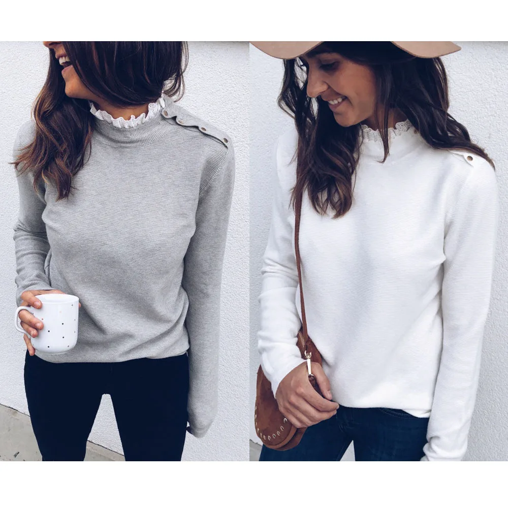 

Women Solid Casual Long Sleeve Lace Pullover Tops High Neck Button Slim