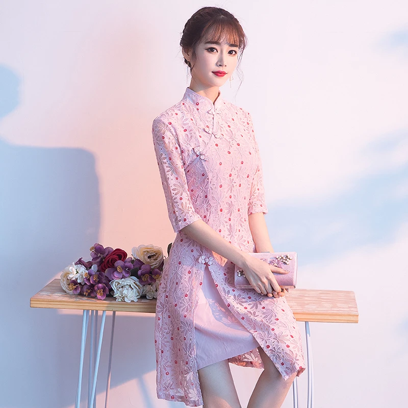 Горячее предложение китайское Розовое женское традиционное платье шелковое атласное qipao Топ cheongsam кружевное платье с коротким рукавом qipao платья