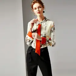 100% шелк печати однобортный блузка с длинными рукавами 2019 новый для женщин сезон: весна-лето офисные женские туфли работы отложным воротни