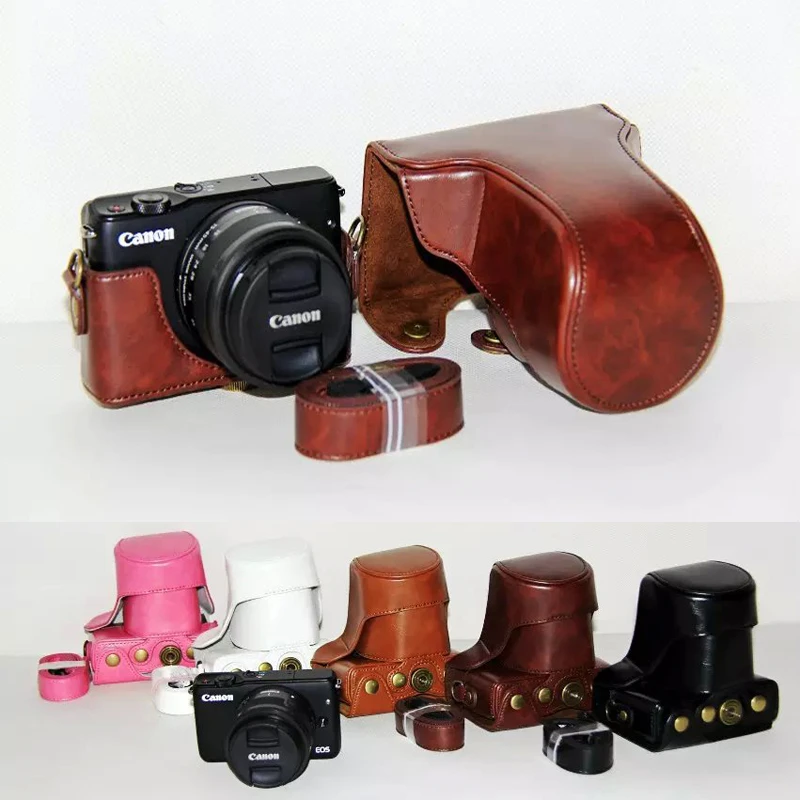 Puレザービデオカメラキヤノンeos M Eos M2 Eosmマクロエクステンションリングチューブカメラバッグカバー付きストラップ Camera Bag Camera Case Bagbag For Canon Aliexpress
