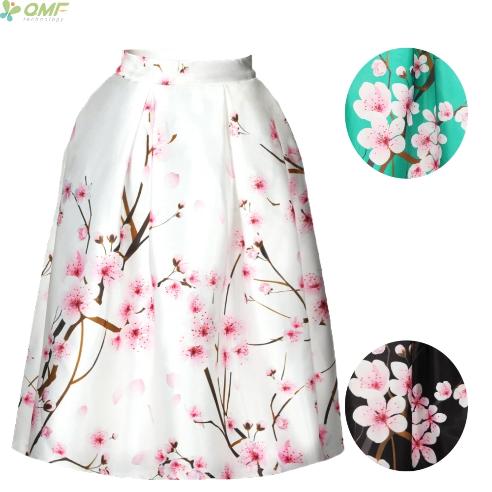 Cherry Blossoms Pattern Midi Skirt Flare Pleated Knee Length Skirt A