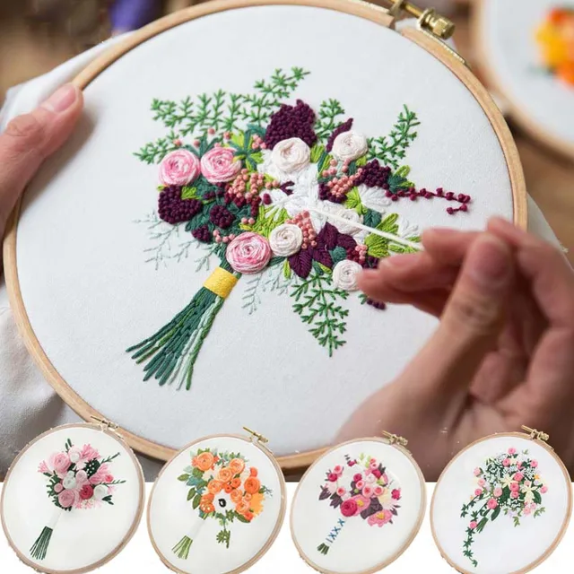 Flower Bouquet DIY Embroidery Kit Needlework Cross Stitch with Hoop Frame for Beginner Swing Art Painting Handcraft Wedding Gift 1