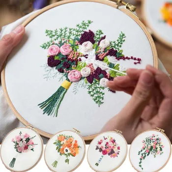 

Flower Bouquet DIY Embroidery Kit Needlework Cross Stitch with Hoop Frame for Beginner Swing Art Painting Handcraft Wedding Gift