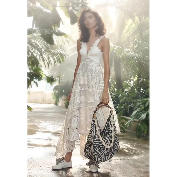 

Runway Dresses 2019 Women High Quality White Hollow Out Lace Embroidery Irregular Long Dress Strapless Holiday Bohemian Dress