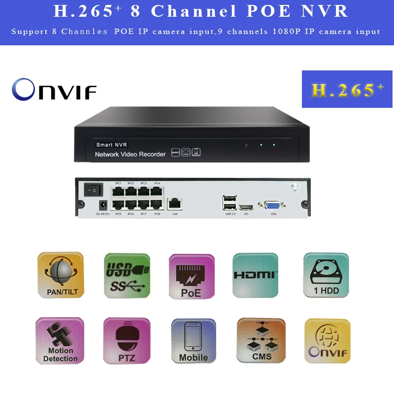 8 канальный видеорегистратор NVR1080P с поддержкой P2P H.265 H.264 VGA + 1HDMI onvif IP камера