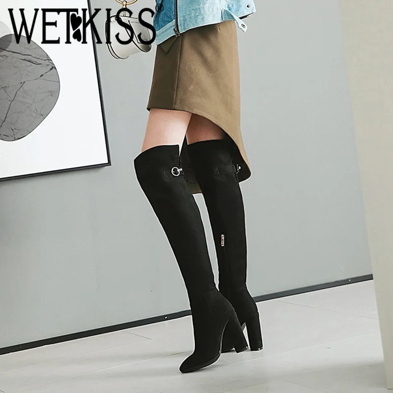 Женские сапоги на высоком каблуке WETKISS флоковые Сапоги выше колена с острым