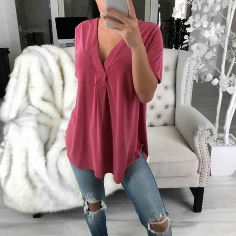

Summer V Neck Short Sleeve Loose Women Shirts Solid Plus Size 4XL 5XL Korean Clothes Vintage Home Holiday Office Casual Top 2019