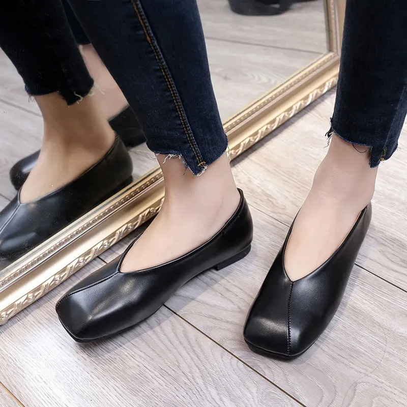 

AD AcolorDay 2017 Cheap Vintage Square Toe Slip on Shoes for Women Loafers Solid Black Moccasins Women Casual Flat Shoes Women