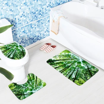 

3pcs Bathroom Mat Set Green Forest Trees Pattern Bath Mat Non Slip Bathroom Rug and Toilet Mat Sets