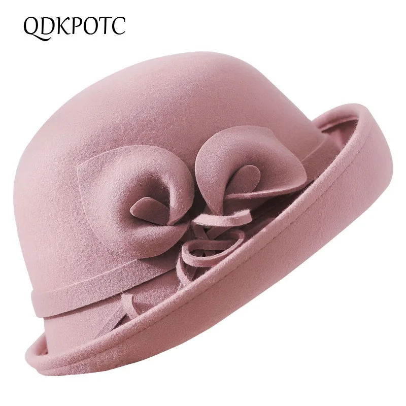 QDKPOTC зима ретро шерсть фетровые шляпы для женщин фетровая шляпа Женская ОБЖИМНАЯ Цветочная купольная верхняя шляпа элегантные церковные шляпы