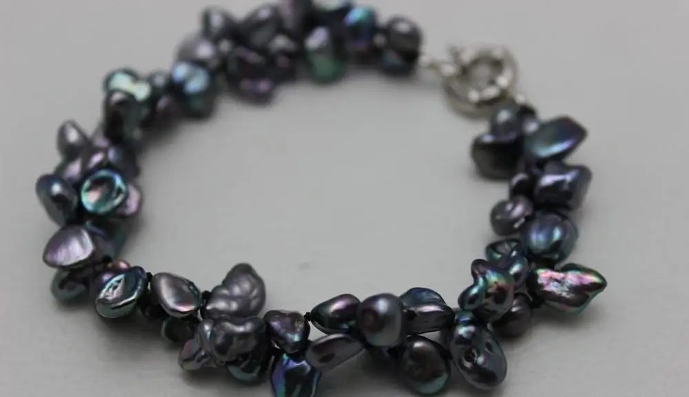 

2strands black Beautiful keshi reborn pearl bracelet 6x9mm Alloy"Handmade"9INCH >>free shipping