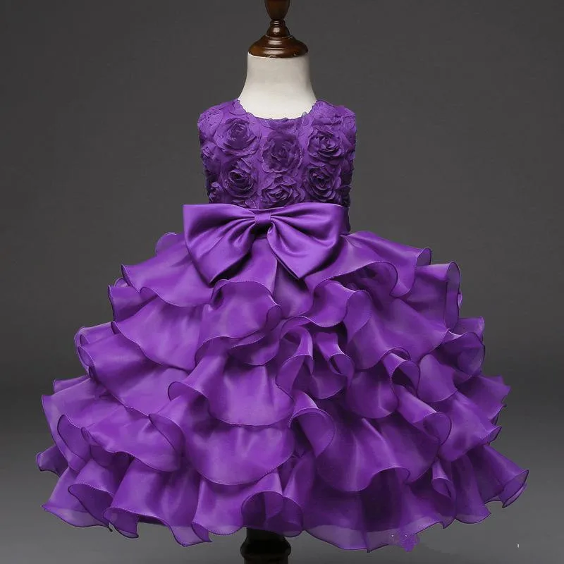 

Puffy Tulle Princess Dress Tiered Ruffles Flower Girl Dress with Bow Appliques Kids Pageant Gowns Custom Made Girls Formal Wears