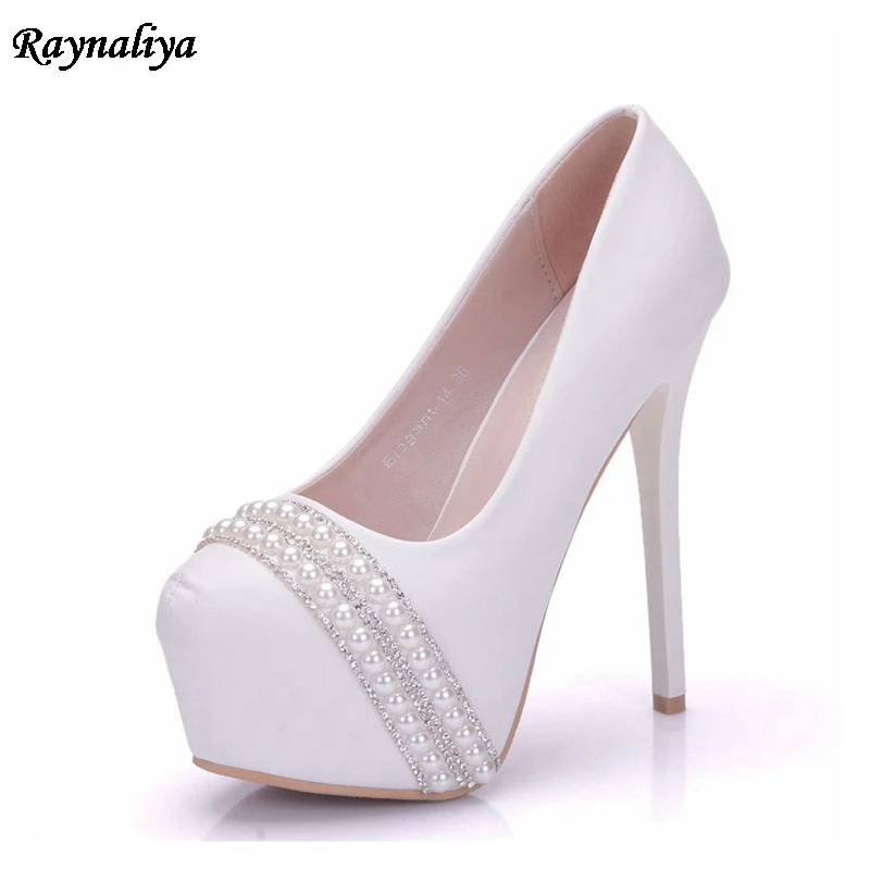 

Women Wedding Pearl Shoes Crystal Bridal Party White Pumps 14cm Super High Heel Round Toe Platform Shoes Sexy Lady XY-A0061