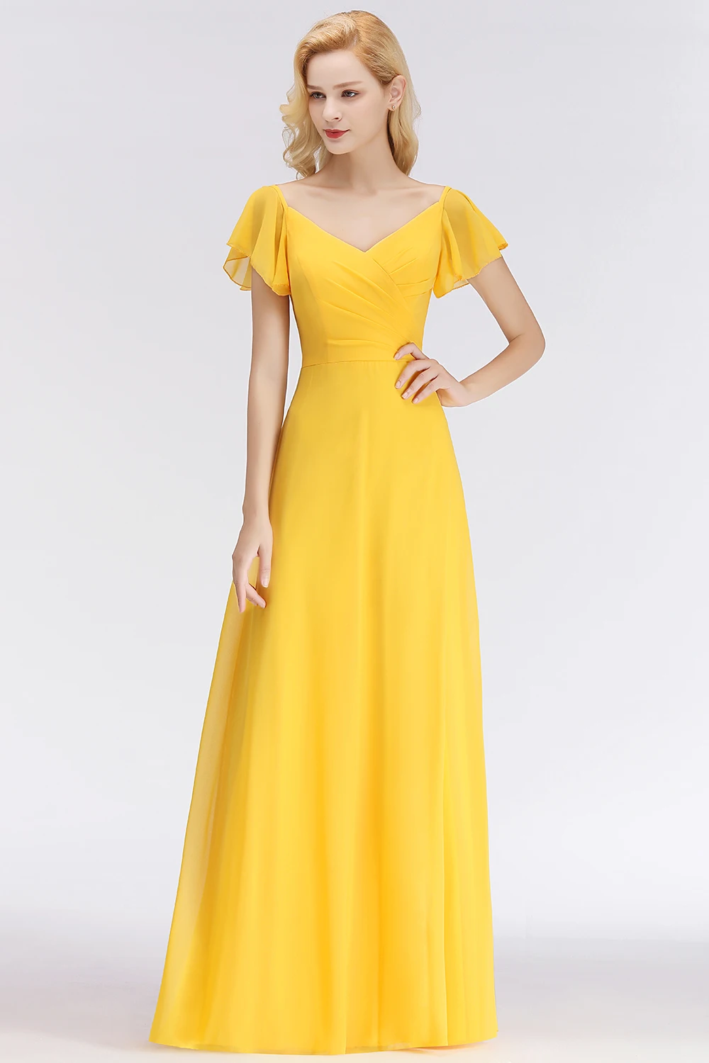 Vestido de Festa Сексуальное желтое длинное вечернее платье с v-образным вырезом на спине элегантное шифоновое вечернее платье с коротким рукавом Robe De Soiree Longue