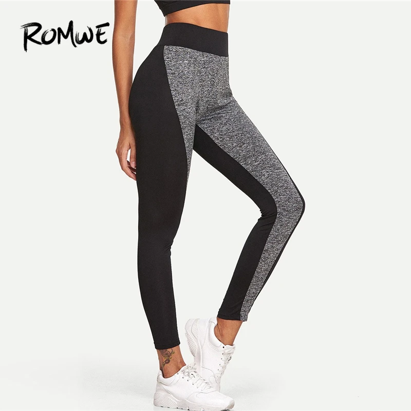 

ROMWE Grey Elastic Waist Color Block Leggings Women Casual Autumn Bottoms Female Spring Sporty Clothes Ladies Leggings Pants