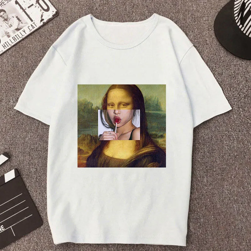 

Summer 2019 Mona Lisa polo shirt Women spoof personality Harajuku aesthetics Funny Thin Section White Tops Female polo shirt