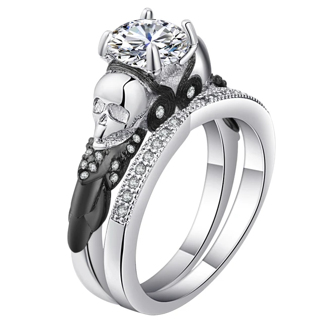 Skull Ring Sets Rhodium Plated Clear Cz Crystal Women S Wedding Skull Ring Sets Rhodium Plated Clear Cz Crystal Women S Wedding Promise Punk Female Finger