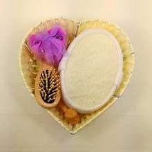 5 Items/set Wood basket+Massage Comb+Luffah brush sponge+Body face massage tool+bath flower bathroom accessory bath set