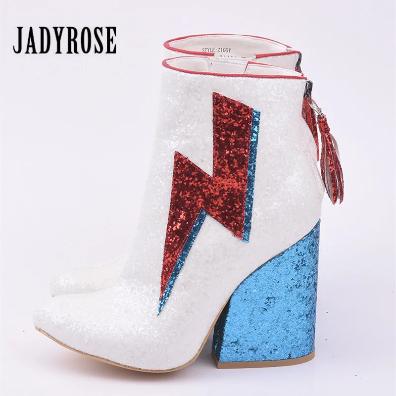 

Jady Rose Glistening Glitter Ankle Boots for Women Lightning Decor Chunky High Heel Boots Fringed Back Zip Bota Feminina