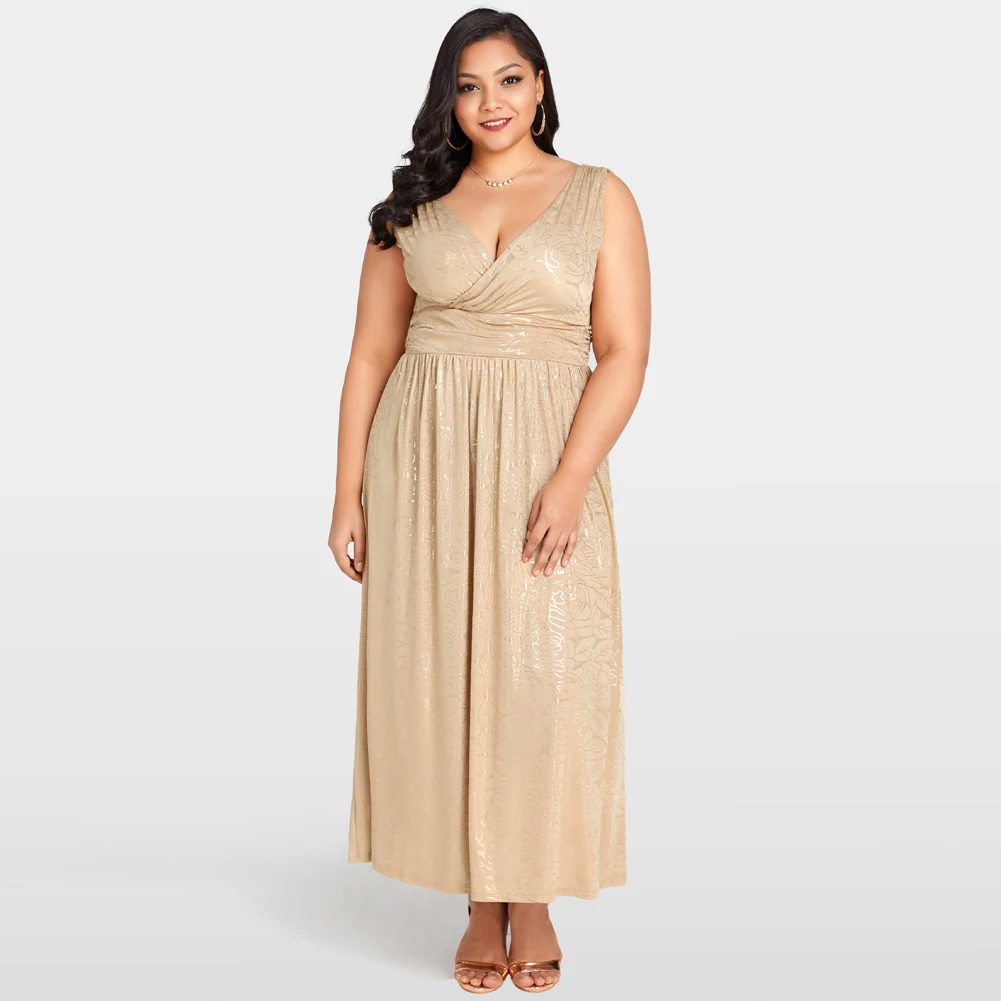 

Sexy Women 3XL 4XL 5XL Plus Size Dress Gold Floral Print Maxi Dress Deep V Neck Banded Waist Evening Party Club Long Dress Khaki