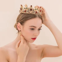 King queen barroco corona y pendientes del rhinestone rojo novia tiaras coronas de oro de la boda joyería nupcial del pelo de las mujeres accesorios