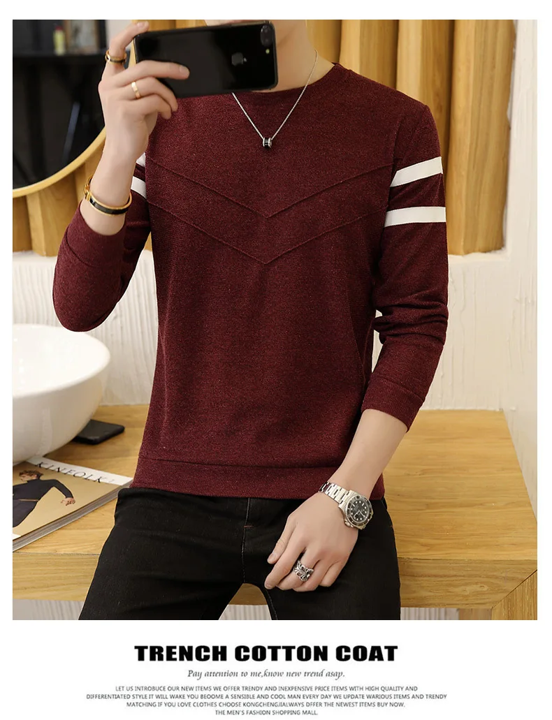 2019 человек пуловер с круглым вырезом самовыращивание сплошной цвет с длинным рукавом в полоску Вязание без подкладки верхняя тонкая