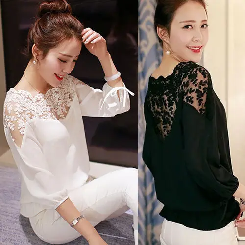 

Loose Blouse Shirts Women Lady Tops Blouse 2016 New Fashion Womens Lace Sheer Long Sleeve Flower Casual