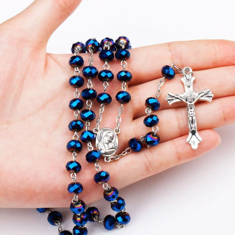 

Dark Blue Glass Bead Catholic Rosary Necklace Religious Father Beads Holy Soil Inside Centerpiece Maxi Strand Necklace