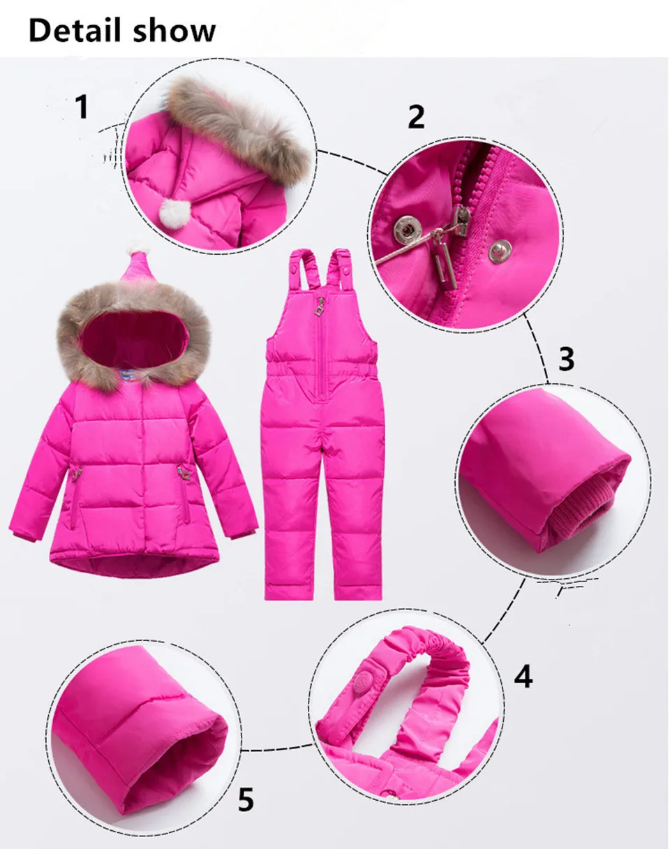 Комплекты детской одежды для русской зимы зимние куртки штаны, комплект из 2 предметов, пуховое пальто для маленьких девочек, Куртка Верхняя одежда с меховым капюшоном, детский зимний комбинезон