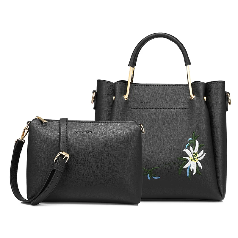 LOVEVOOK женская сумка женские сумки высокого качества PU сумка через плечо с вышивкой 2 шт/с сумка-мессенджер для женщин - Цвет: Black