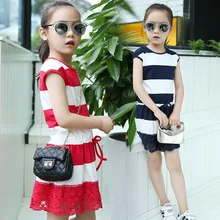 2016 mode Nette Mädchen Kinder Striped spitze Hohe kinder Cocktailkleid Mode Baby Kinder Kleider