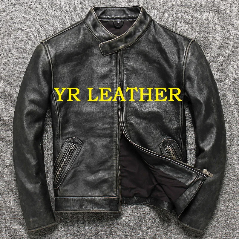 

YR!Free shipping.Wholesales.Brand mens street cool genuine leather jacket.vintage cowhide coat.plus size slim motor jacket