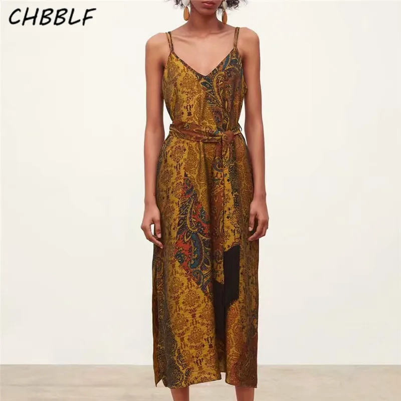 

CHBBLF women prints V neck midi dress spaghetti straps sleeveless female casual women vintage vestidos CDC9058