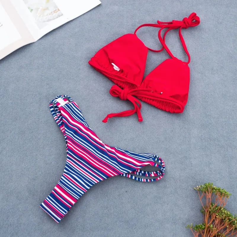 Halter Adjust Bandage Bikini Set Floral Print Plain Swimwear Bicolor Shoulder Bathing Suit Strap Side String Brazilian Cut Halter Adjust Bandage Bikini Set Floral Print Plain Swimwear Bicolor Shoulder Bathing Suit Strap Side String Brazilian Cut