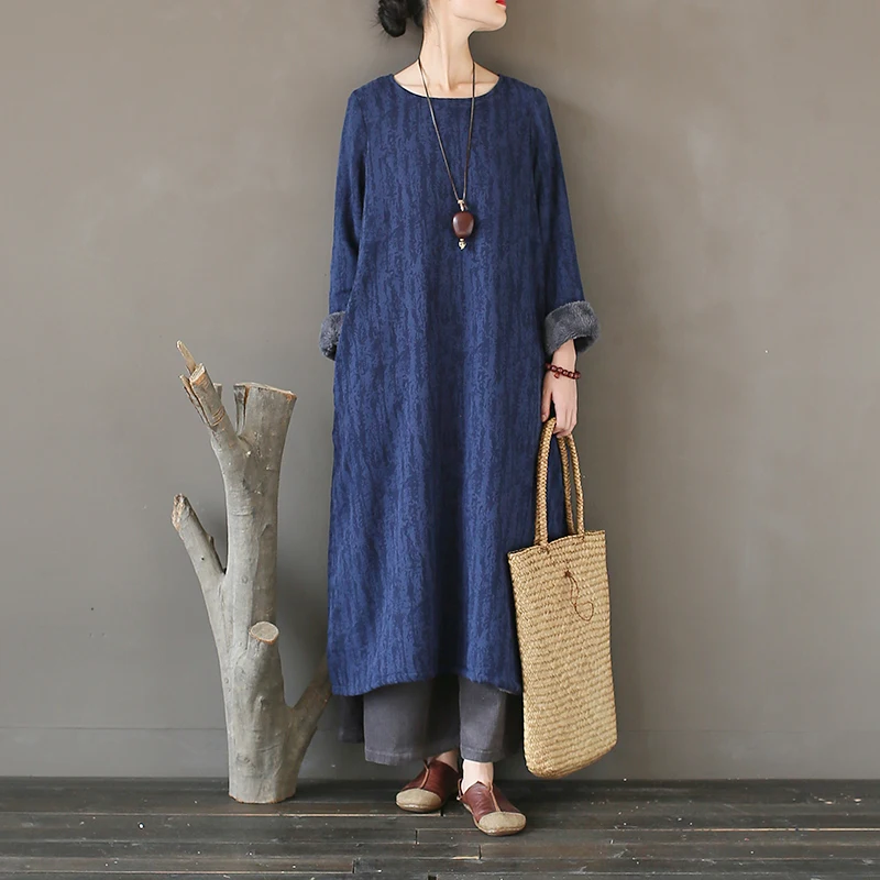 

SCUWLINEN 2019 NEW Women Winter Dress Vintage Jacquard Thickening Warm Fleece Cotton Dress Loose Robe Casual Women Dress X0782