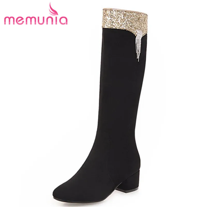 

MEMUNIA 2018 new arrival knee high boots women square toe autumn winter boots flock zipper high heels boots dress shoes woman