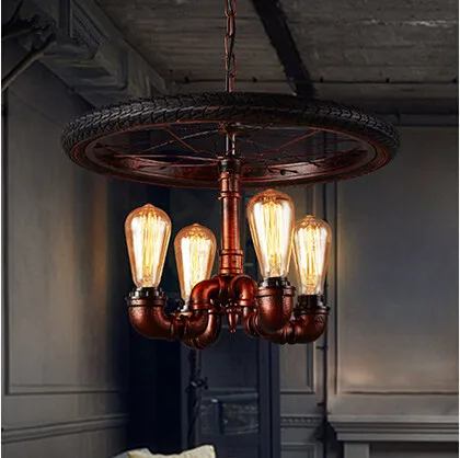 

Iron Water Pipe Loft Style Pendant Lights 4 Lights Wheel Droplight Creative Hanglamp Fixtures For Bar Cafe Foyer Home Lightings