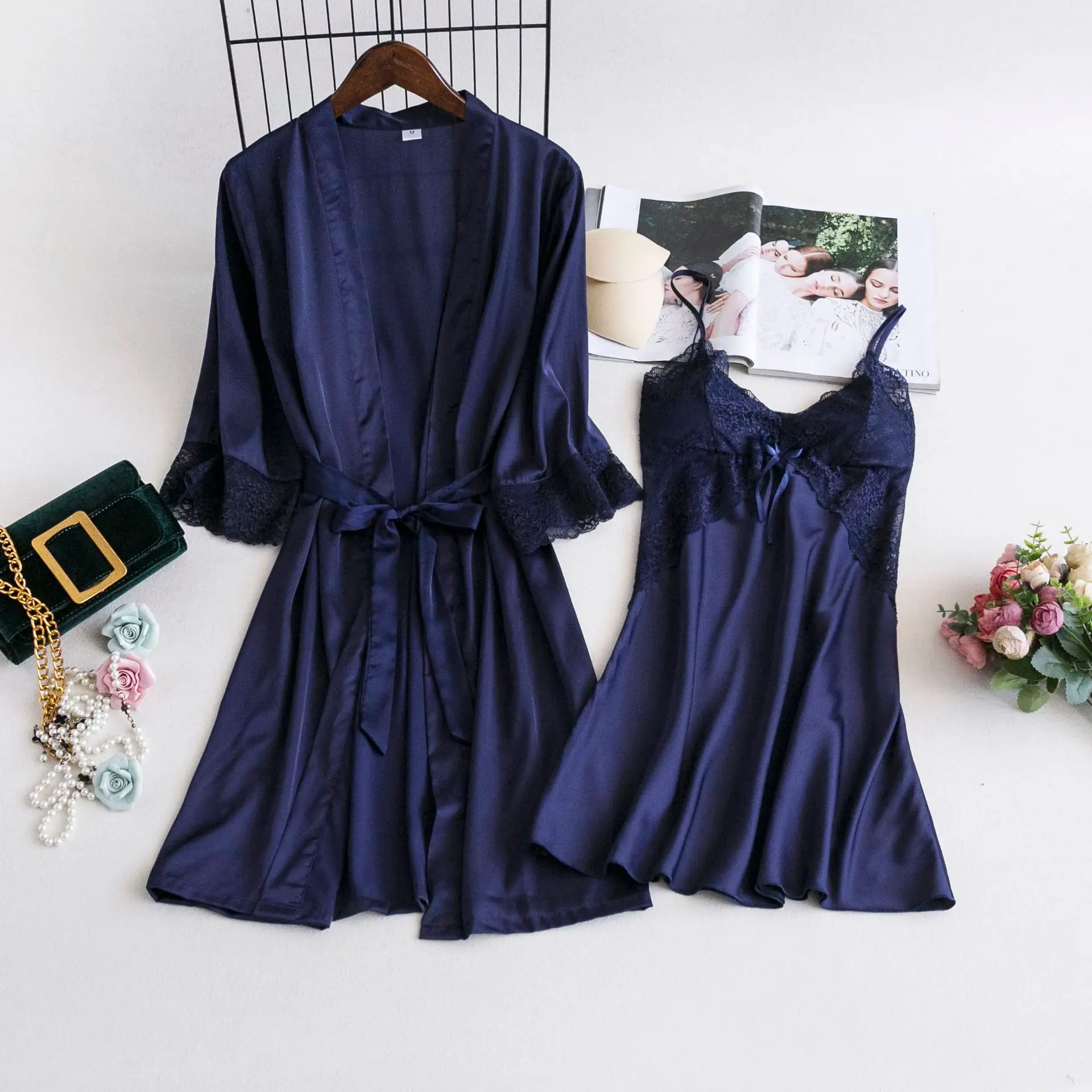 MECHCITIZ Women Robe Gown Sets 2 Piece Nightdress Bathrobe Summer Sleepwear Female Satin Kimono Silk Robes Sleepwear Lounge Suit - Цвет: Синий