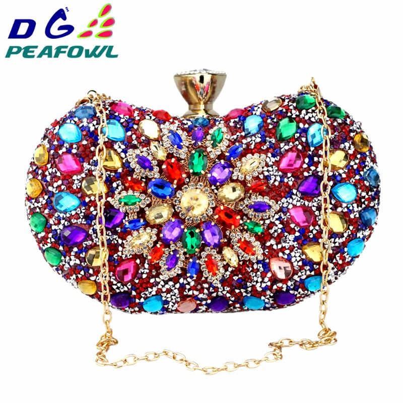 DG PEAFOWL Two Side Luxury crystal Floral Clutch chain bag evening woman diamond wedding Shoulder wallet purse Handbags 5 colors