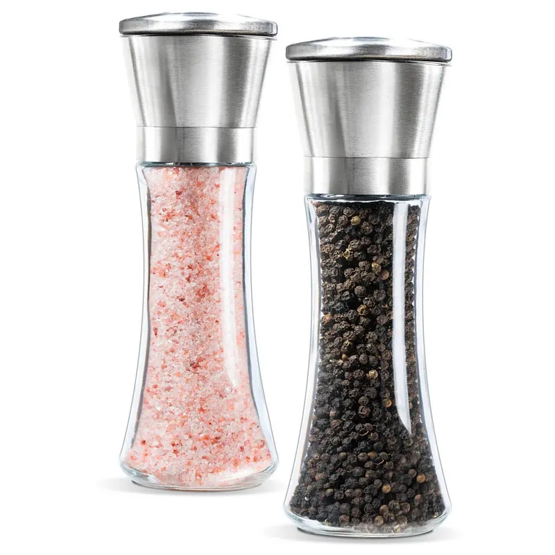 

Salt and Pepper mills With Matching Stand- Stainless Steel Salt and Pepper Grinder Mill Set - 5 Grade Precision Adjustable Ceram